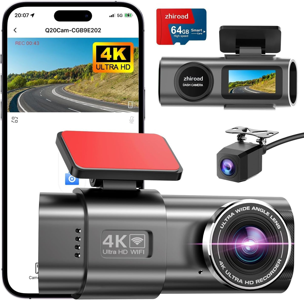 Caméra de tableau de bord 4K avec enregistrement vidéo